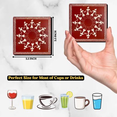 Warli Art Coaster for Table Decor | Coaster Set fit for Tea Cups and Coffee Mugs Also chai Lover Gifts | Traditional Coasters Set of 4